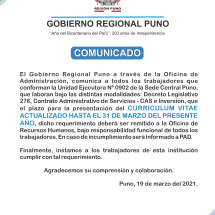 <b>COMUNICADO</b><hr>Ampliación de Plazo de entrega de Curriculum Vitae