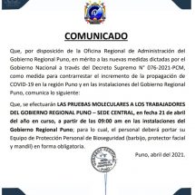 <b>COMUNICADO</b><hr>Para los trabajadores del Gobierno Regional Puno.