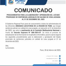 COMUNICADO<hr>PROCEDIMIENTOS PARA LA ELABORACIÓN Y APROBACIÓN DEL LISTADO PRIORIZADO DE SENTENCIAS JUDICIALES EN CALIDAD DE COSA JUZGADA AL 31 DE DICIEMBRE DEL 2023
